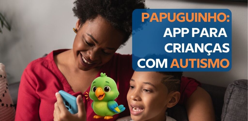 Criança toca em pictogramas coloridos na tela de um tablet para formar uma frase falada.