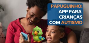 Criança toca em pictogramas coloridos na tela de um tablet para formar uma frase falada.